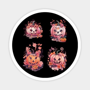 4 Pink Pumpkin face, with floral and orange flowers, cute Halloween Magnet